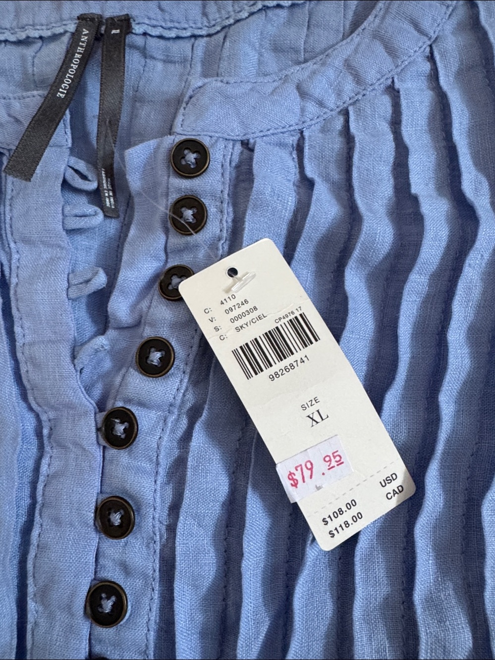 NWT Size XL - Anthropologie 100% Linen Pleated Top (NWT US$ 108) - Picture 13 of 15